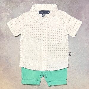 Perry Ellis 2 Pc Baby Boy Outfit 12M Button Front Shirt Green Shorts